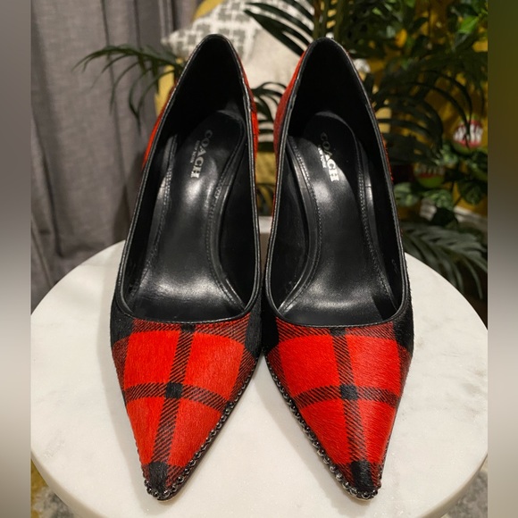 EXCELLENT barely worn Coach Tamara plaid calf hair beaded heels - Picture 6 of 8